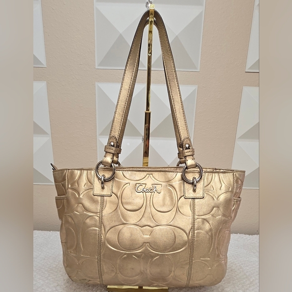 Coach Handbags - Coach Gold Embossed Signature Leather Tote Bag | Metallic Shoulder Bag